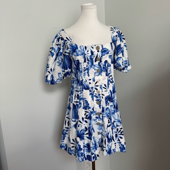 NWOT House of Harlow 1960 Blue Floral Puff Sleeve Off-Shoulder Mini Dress 2 - Picture 3 of 10
